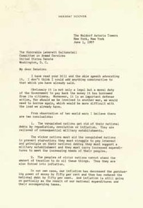 Letter from Herbert Hoover to Leverett Saltonstall, 1 June 1957
