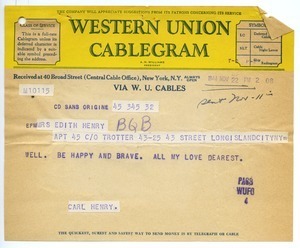 Cablegram from Carl Henry to Edith Henry