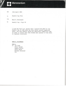 Memorandum from Mark H. McCormack to Dunhill Cup file