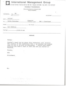 Fax from Ayn Robbins to Kathy Houlahan