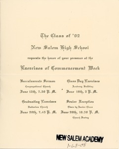 Form letter invitation for the New Salem High School class of 1902 commencement week exercises