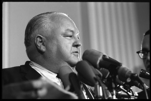 Congressman Joe R. Pool at a press conference, associated with the House Un-American Activities Committee hearings on New Left activists and the antiwar movement