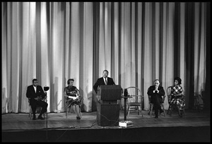 Martin Luther King, Jr., speaking on stage at the Youth, Non-Violence, and Social Change conference, Howard University
