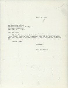 Letter from Judi Chamberlin to Marjorie Valleau