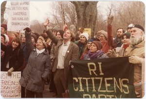 Crowd at an antinuclear protest, with contingent from the Rhode Island Citizens Party