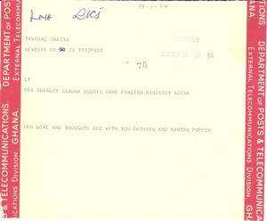 Telegram from Kathryn and Martin Popper to Shirley Graham Du Bois