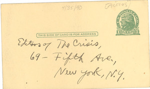 Postcard from William Pickens to Crisis