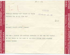 Telegram from Mandel Terman to Shirley Graham Du Bois