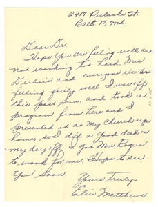 Letter from Elsie Matthews to W. E. B. Du Bois