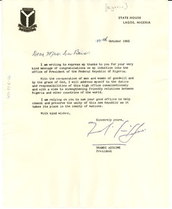 Letter from President of Nigeria to Shirley Graham Du Bois