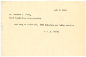 Draft of telegram from W. E. B. Du Bois to Mr. Clarence I. Sweet
