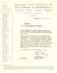 Circular letter from Independent Citizens Committee for the Arts, Sciences and Professions
