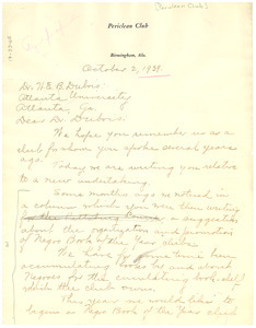 Letter from Periclean Club to W. E. B. Du Bois