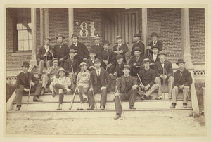 Class of 1881 sitting on the front steps of North College