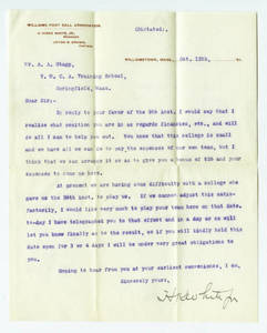 Letter to Amos Alonzo Stagg from Williams College dated October 12, 1891