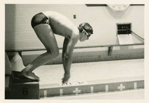 Albert Bronander diving into pool, ca. 1987