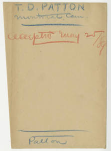 Envelope from Springfield College student file for Thomas D. Patton
