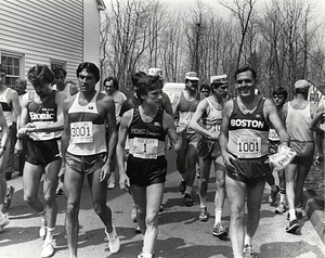 Mayor Raymond L. Flynn, Runner Geoff Smith (center) and other runners at 1985 Boston Marathon