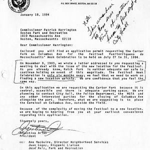 Letter from Argentina Arias to Patrick Harrington regarding a permit for use of Carter Park for Festival Puertorriqueño 1994