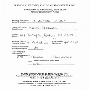 Festival Puertorriqueño Parade application form for La Alianza Hispana