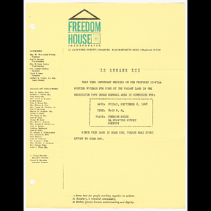 Memorandum from Freedom House about meeting on September 6, 1968 and proposed in-fill housing program