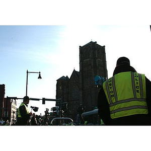 Boston Police officers in front of The Cathedral of The Holy Cross
