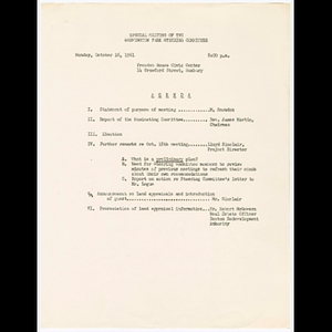 Agenda of special meeting of the Washington Park Steering Committee held on October 16, 1961