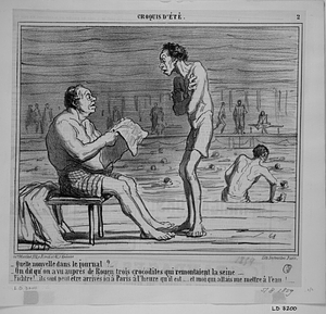 - Quelle nouvelle dans le journal?... - On dit qu'on a vu auprès de Rouen trois crocodiles qui remontaient la seine.... - Fichtre!..... ils sont peut-être arrivés ici à Paris à l'heure qu'il est..... et moi qui allais me mettre à l'eau!.....