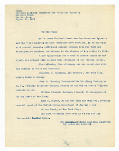 Press statement by Citizens National Committee for Sacco and Vanzetti, August 22, 1927