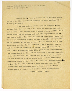 Statement by the Citizens National Committee for Sacco and Vanzetti and Frank P. Walsh, August 19, 1927