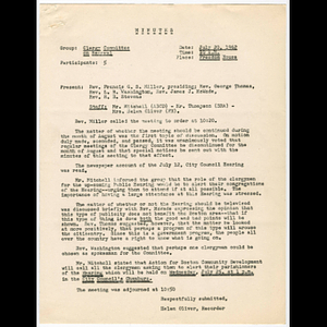 Documents concerning Clergy Committee on Renewal meeting held July 20, 1962