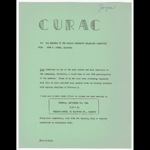 Memorandum from John F. Jones, Chairman to all members of the Police Community Relations Committee about meeting on September 29, 1964