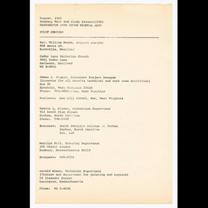 Staff list for Roxbury Work and Study Project 1965