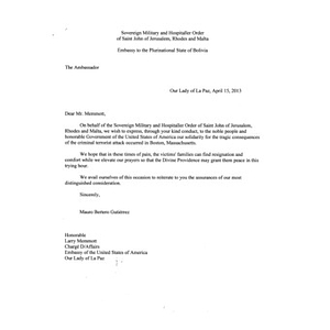 Letters from Ambassador Gutierrez and Committee on International Policy and Migrant Protection Chair Claure of Bolivia