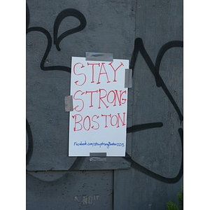 "Stay Strong Boston" sign posted on Commonwealth Avenue near Kenmore Square