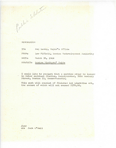 Memorandum from Lew Fifield, Boston Redevelopment Authority to Peg Leahy, Mayor's Office concerning a service order to Baker and Black Studios Incorporated