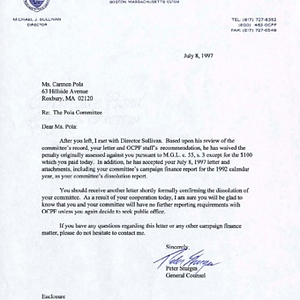 Letter from Peter Sturges, General Counsel, to Carmen Pola, letting her know about the successful dissolution of her campaign finance committee