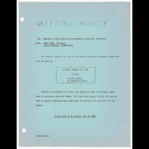 Memorandum from John Jones, Chairman and Muriel Snowden, Coordinator to members of the CURAC Police-Community Relations Committee about meeting on August 25, 1964