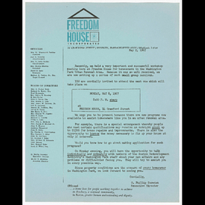 Memorandum from O. Phillip Snowden, Executive Director about workshop on May 8, 1967 for homeowners about new urban renewal programs