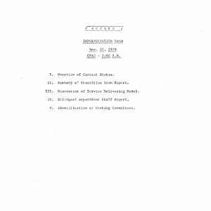 Agenda and list of tasks for bilingual education implementation team meeting on November 21, 1978