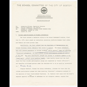 Memorandum from Charles Hambelton to Catherine Ellison about federal district court hearing held August 23, 1978