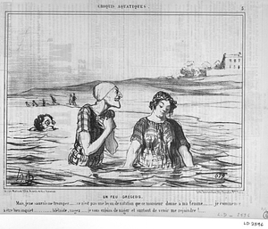 Un FEU GRÉGEOIS. Mais, je ne saurais me tromper...... ce n'est pas une leçon de natation que ce monsieur donne à ma femme..... je commence à être bien inquiet.......... Adélaïde, nagez..... je vous enjoins de nager et surtout de venir me rejoindre!....