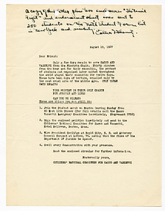 Appeal letter from the Citizens National Committee for Sacco and Vanzetti, August 19, 1927