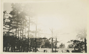 Pueblo of the Seven Fires seen through the trees during construction