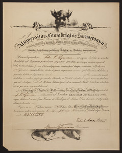 Harvard University medical school diploma, 1867
