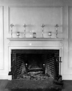 Interior view of the John Lawrence House, living room fireplace, 76 Campmeeting Road, Topsfield, Mass., undated