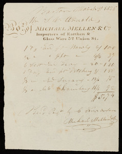 Billhead for Michael Mellen & Co., importers of earthen & glass ware, 52 Union Street, Boston, Mass., dated March 30, 1825
