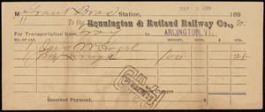 Receipt for the Bennington & Rutland Railway Co., Dr., dated September 3, 1898