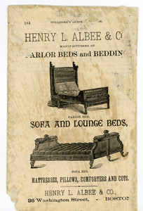 Advertisement for parlor and bedroom furniture, manufactured by Henry L. Albee & Company, Boston, Mass., undated