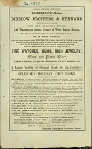 Advertisement for Bigelow Brothers & Kennard, 331 Washington Street, corner of West Street, Boston, Mass., 1867